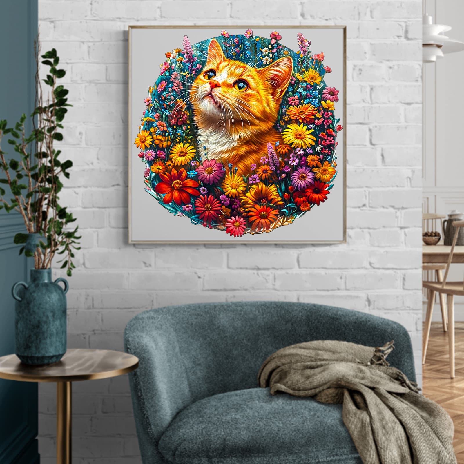 Whimsical Wooden Jigsaw Puzzle - Cat in Flowers - pickApuzzle