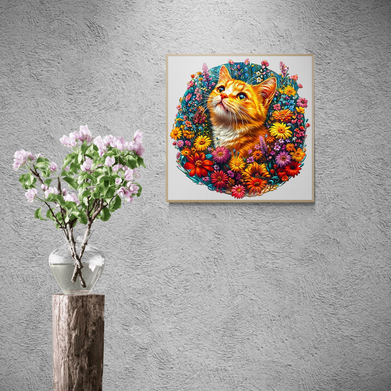 Whimsical Wooden Jigsaw Puzzle - Cat in Flowers - pickApuzzle
