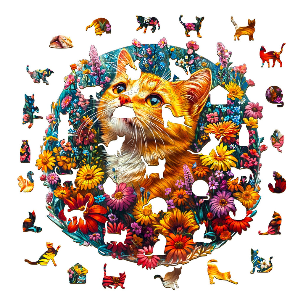 Whimsical Wooden Jigsaw Puzzle - Cat in Flowers - pickApuzzle
