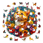 Whimsical Wooden Jigsaw Puzzle - Cat in Flowers - pickApuzzle