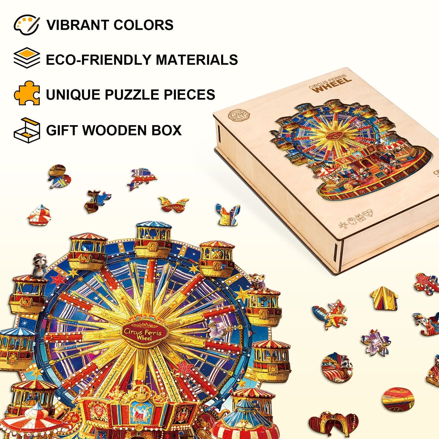 Whimsical Wooden Jigsaw Puzzle - Circus Ferris Wheel - pickApuzzle
