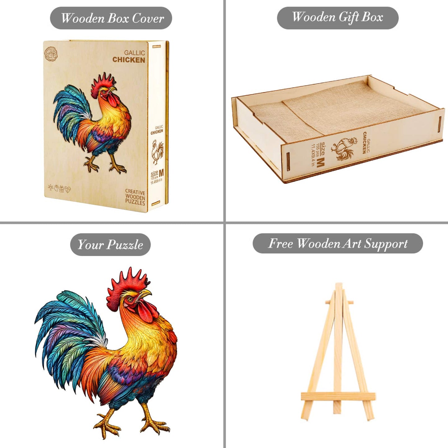 Whimsical Wooden Jigsaw Puzzle - colored Rooster - pickApuzzle