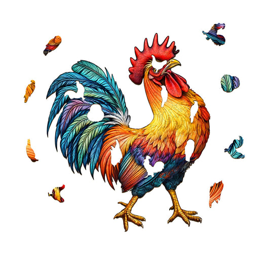 Whimsical Wooden Jigsaw Puzzle - colored Rooster - pickApuzzle