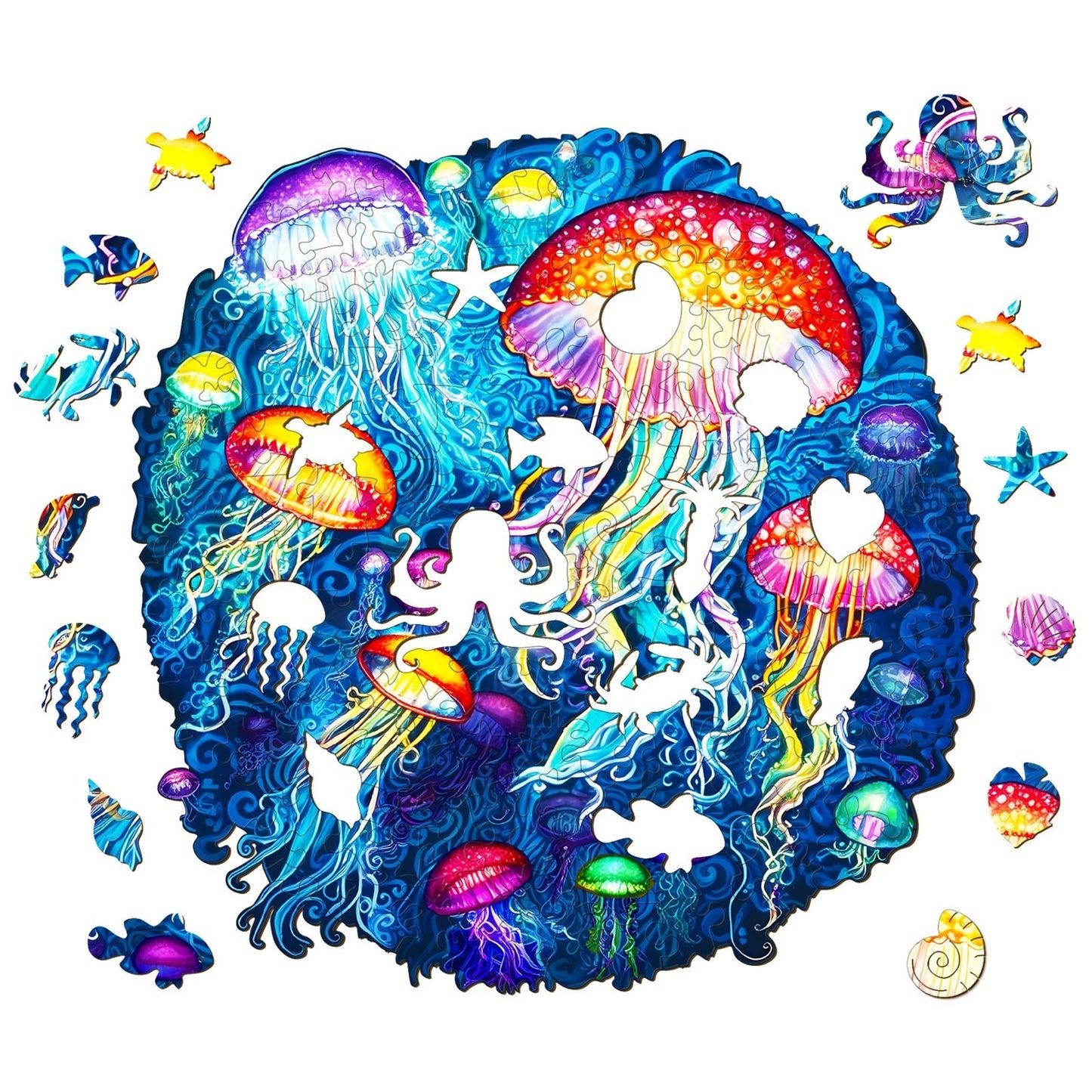 Whimsical Wooden Jigsaw Puzzle-colorful jellyfish