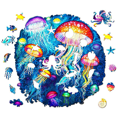 Whimsical Wooden Jigsaw Puzzle-colorful jellyfish