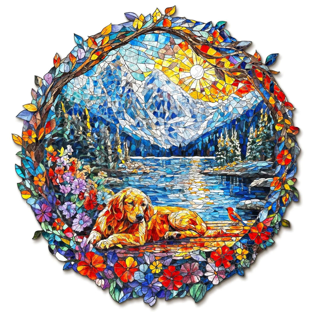 Whimsical Wooden Jigsaw Puzzle-Dog and Snow Mountain