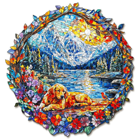 Whimsical Wooden Jigsaw Puzzle-Dog and Snow Mountain