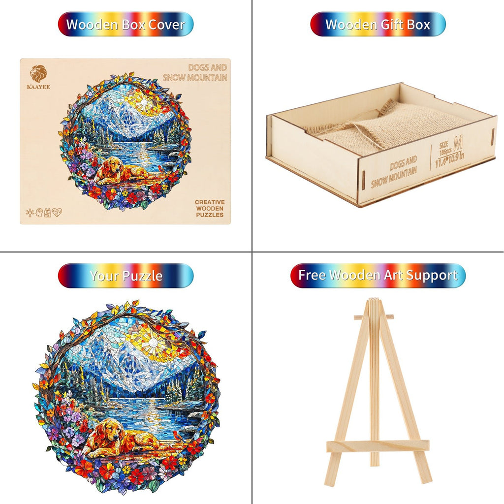 Whimsical Wooden Jigsaw Puzzle - Dog and Snow Mountain - pickApuzzle