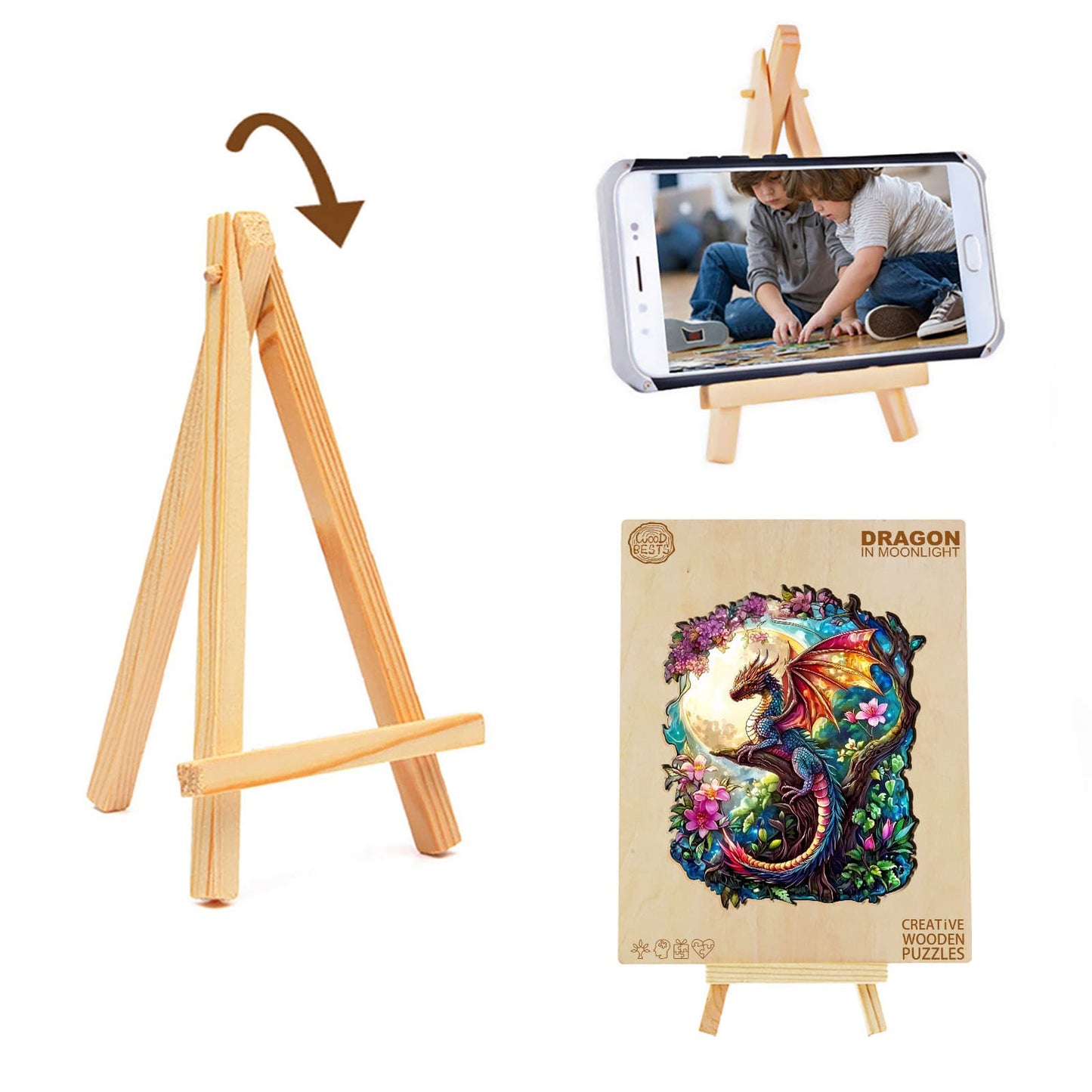 Launisches Holzpuzzle-Drache im Mondlicht