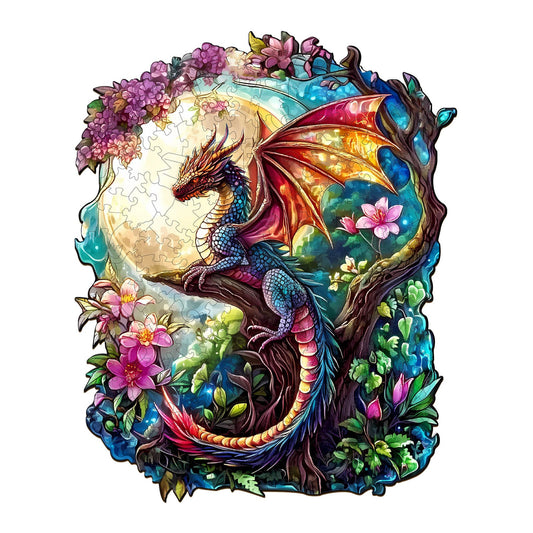 Engaging Wooden Jigsaw Puzzle-dragon in moonlight