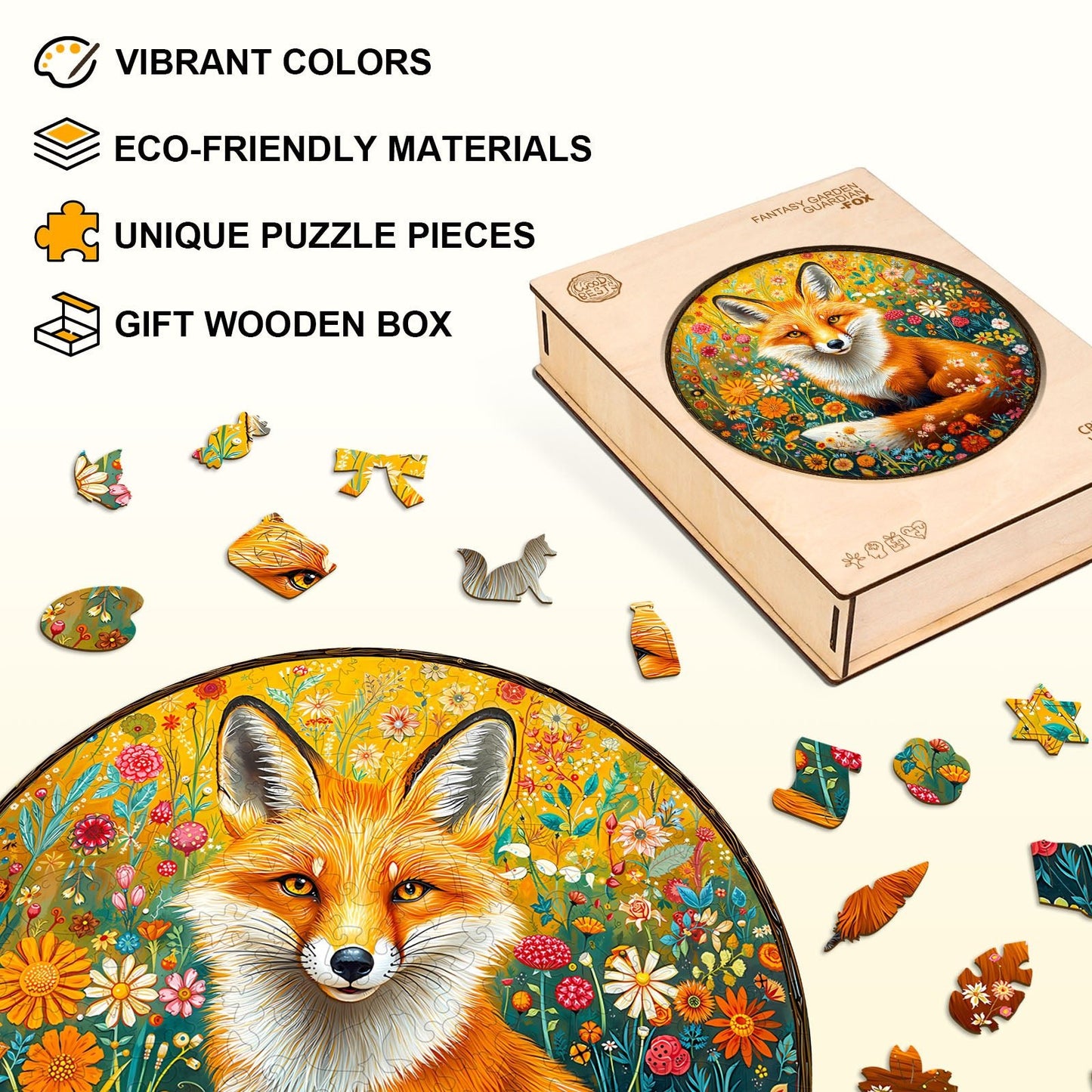 Whimsical Wooden Jigsaw Puzzle - Fantasy Garden Guardian - Fox - pickApuzzle