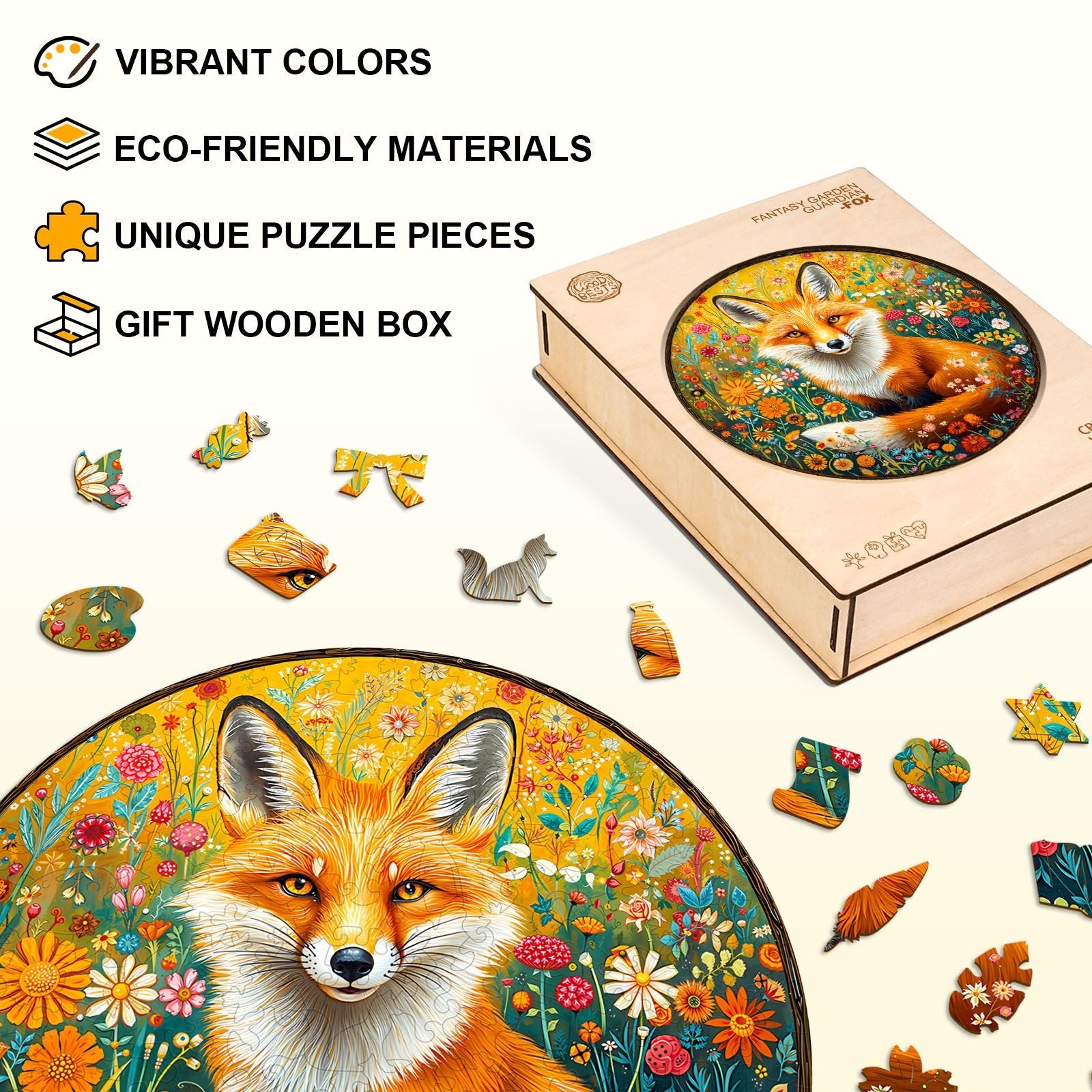 Whimsical Wooden Jigsaw Puzzle - Fantasy Garden Guardian - Fox - pickApuzzle
