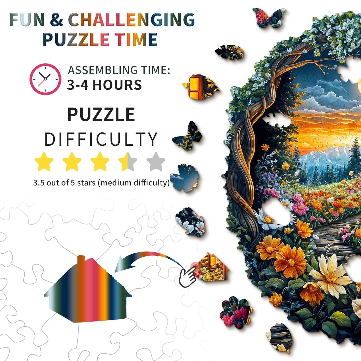 Verspieltes Holzpuzzle – Blumenmeer-Haus