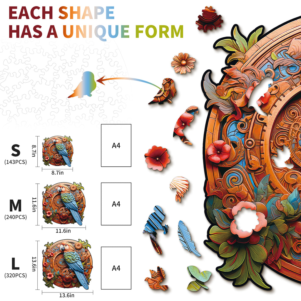 Whimsical Wooden Jigsaw Puzzle- Gear Parrot