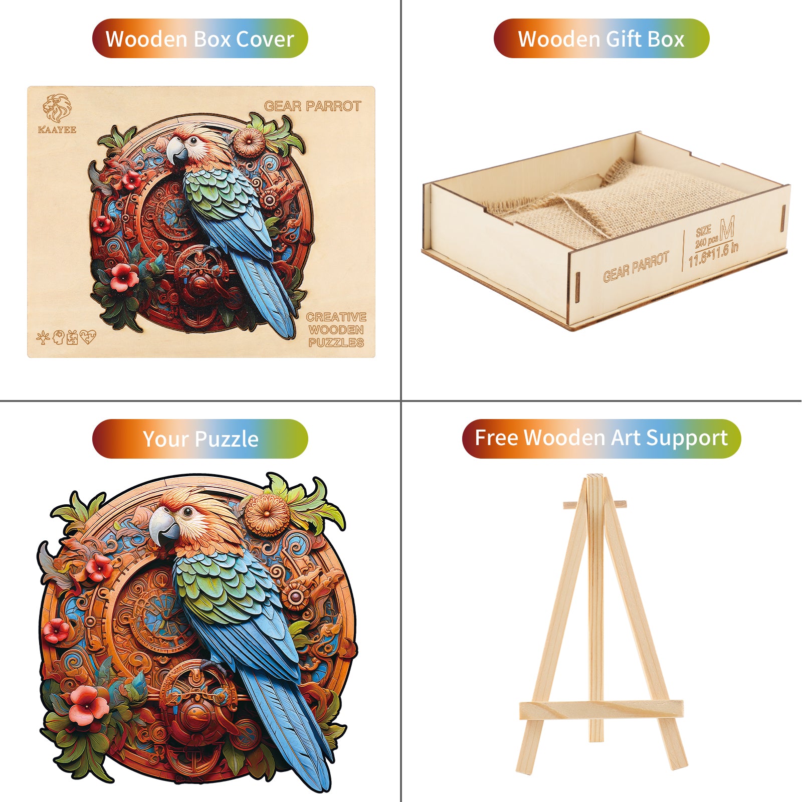 Whimsical Wooden Jigsaw Puzzle- Gear Parrot