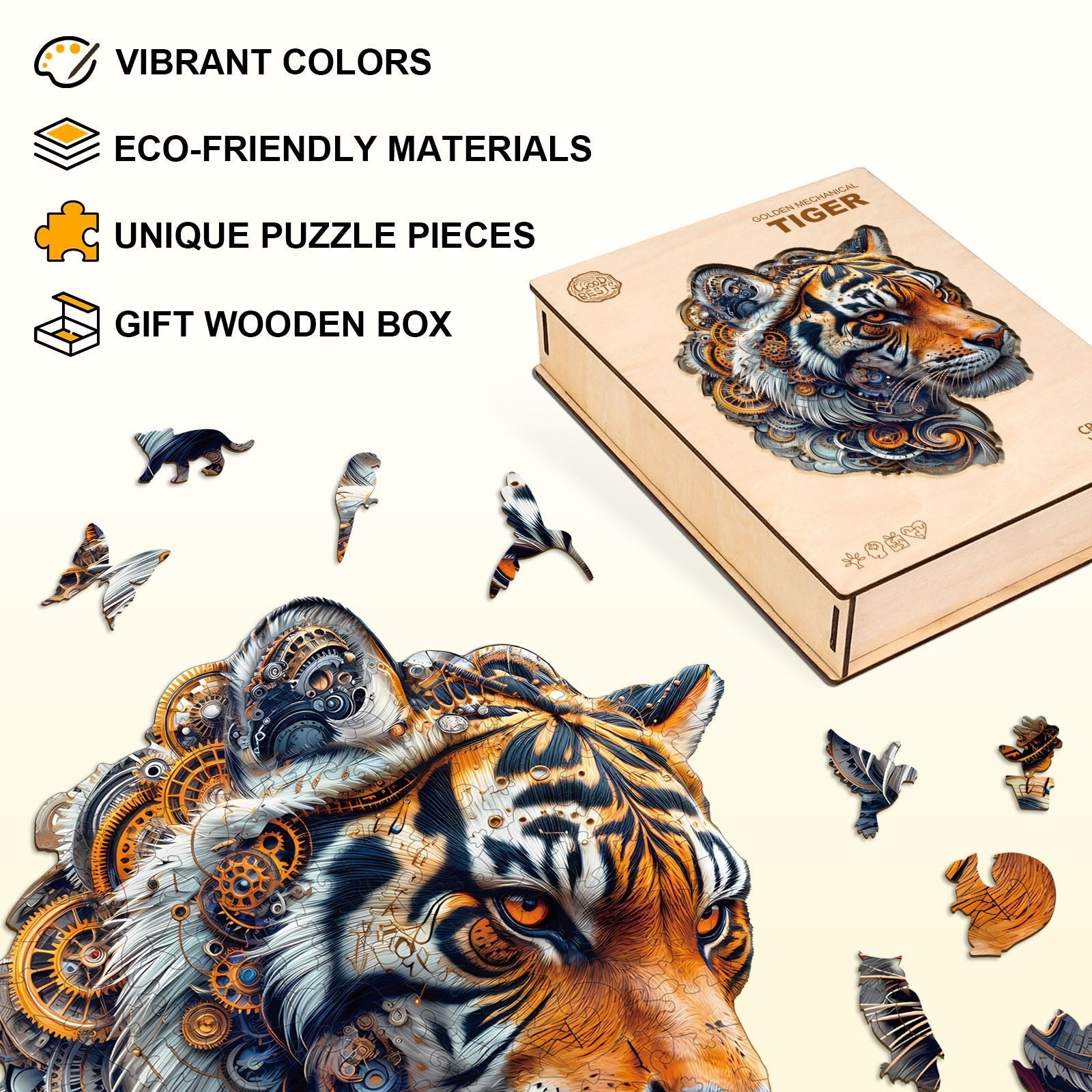 Whimsical Wooden Jigsaw Puzzle - Golden mechanical tiger - pickApuzzle
