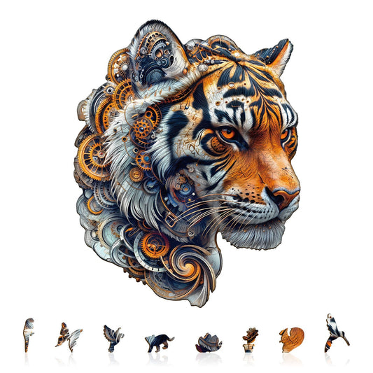Engaging Wooden Jigsaw Puzzle - Golden mechanical tiger - pickApuzzle