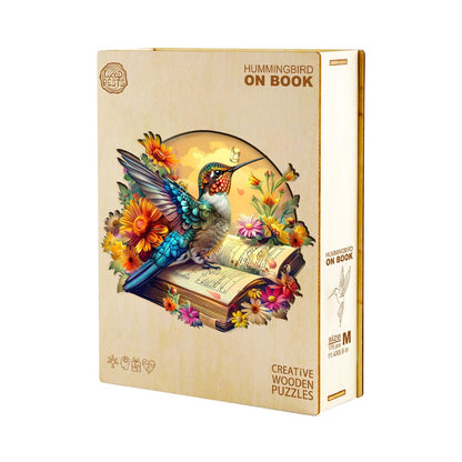 Whimsical Wooden Jigsaw Puzzle - Hummingbird on book - pickApuzzle