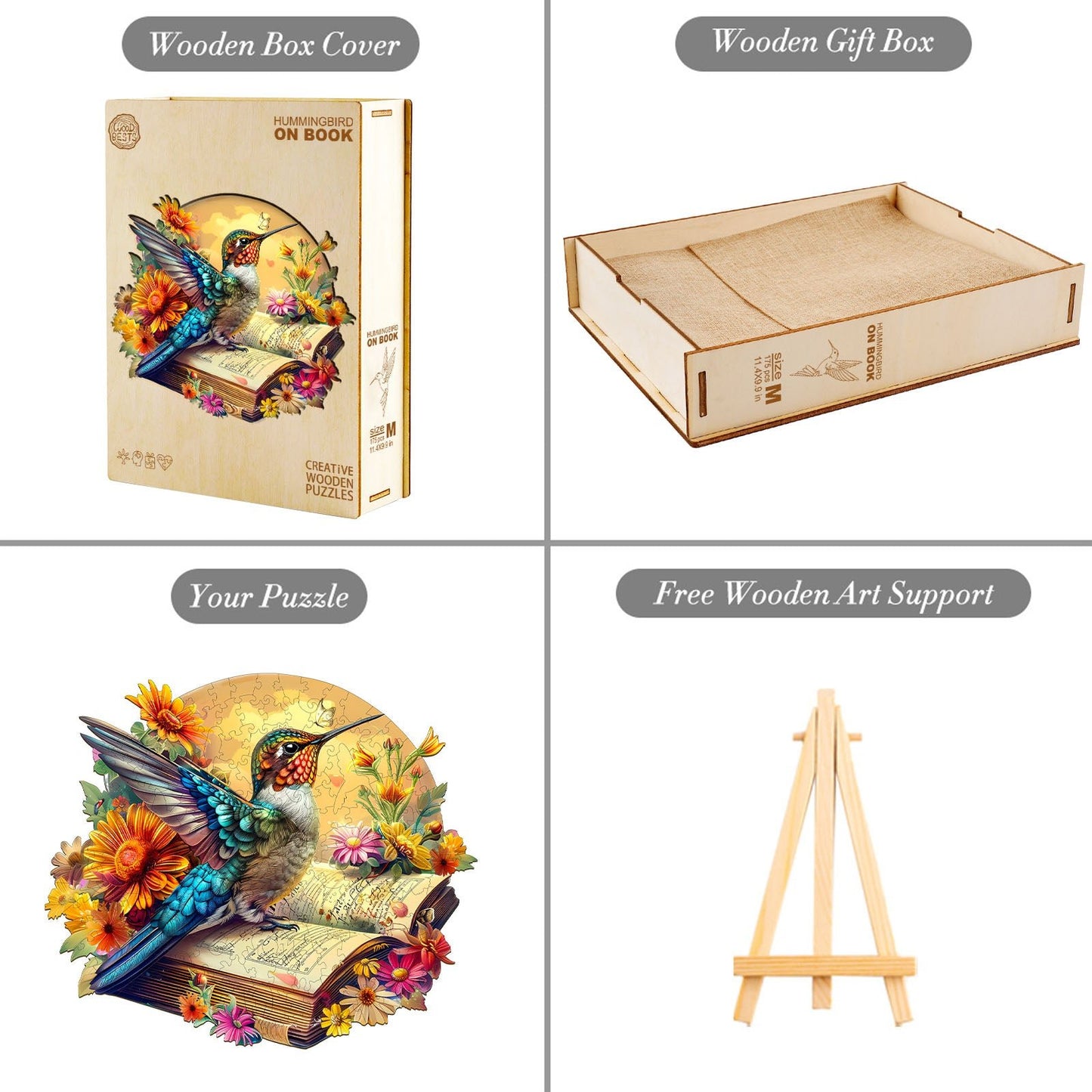 Whimsical Wooden Jigsaw Puzzle - Hummingbird on book - pickApuzzle