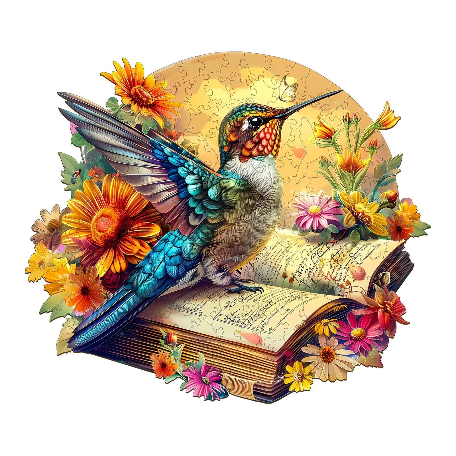 Whimsical Wooden Jigsaw Puzzle- Hummingbird on book