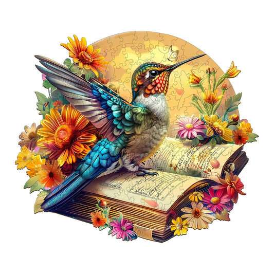Whimsical Wooden Jigsaw Puzzle- Hummingbird on book