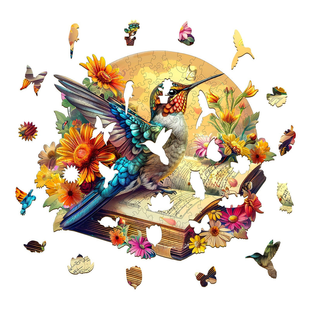 Whimsical Wooden Jigsaw Puzzle - Hummingbird on book - pickApuzzle