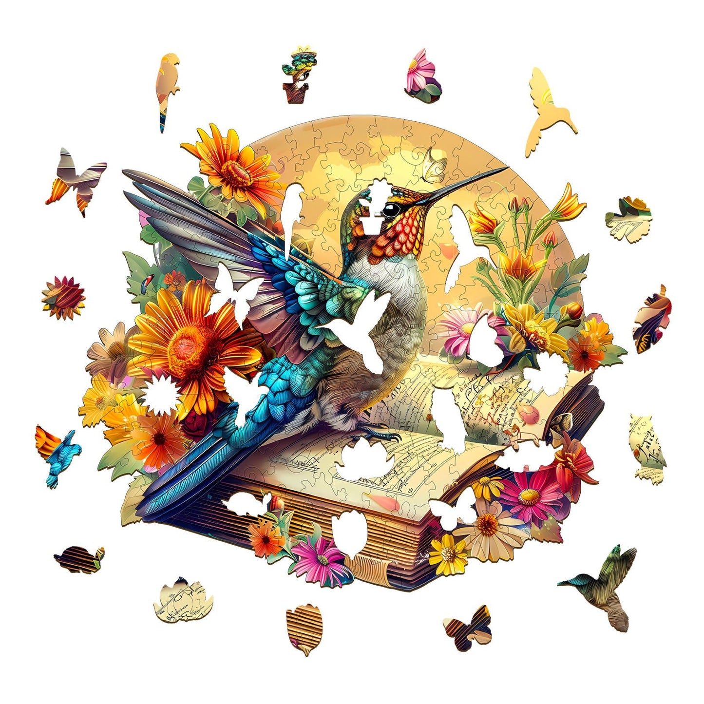 Whimsical Wooden Jigsaw Puzzle - Hummingbird on book - pickApuzzle