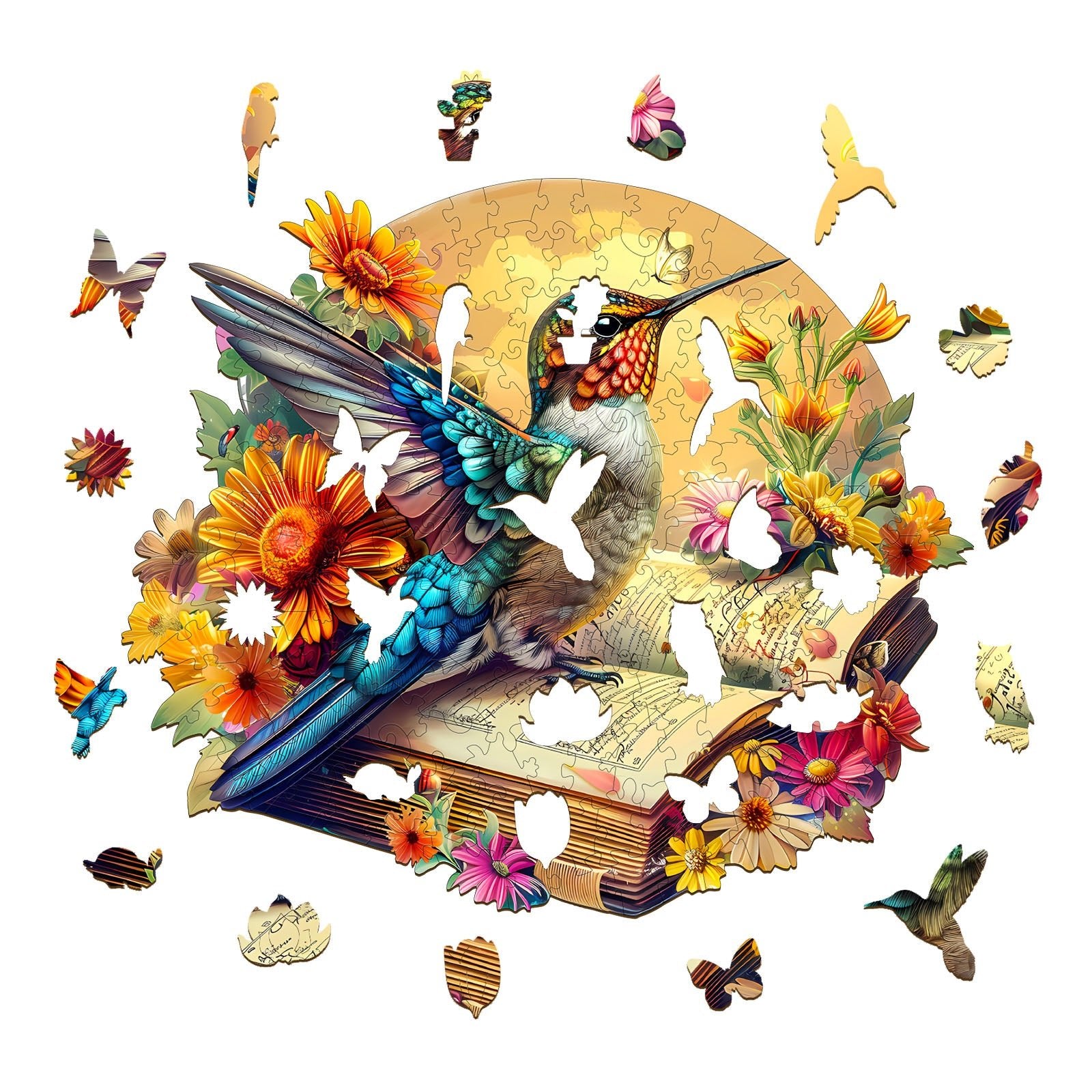 Whimsical Wooden Jigsaw Puzzle - Hummingbird on book - pickApuzzle