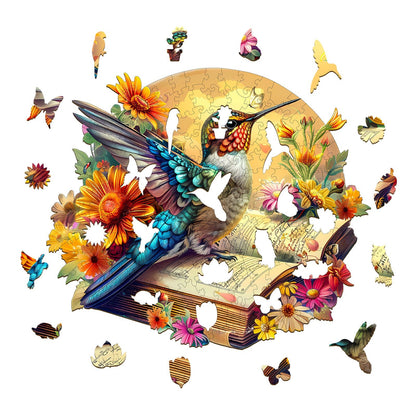 Whimsical Wooden Jigsaw Puzzle - Hummingbird on book - pickApuzzle