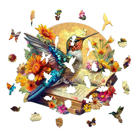 Whimsical Wooden Jigsaw Puzzle - Hummingbird on book - pickApuzzle