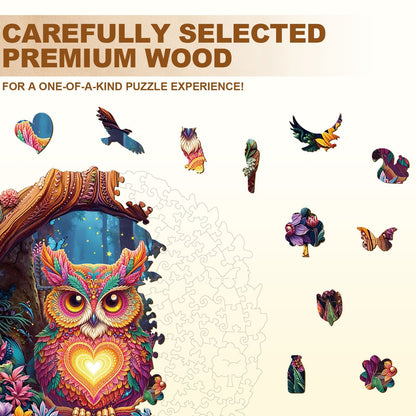 Whimsical Wooden Jigsaw Puzzle - Loving Owl - pickApuzzle
