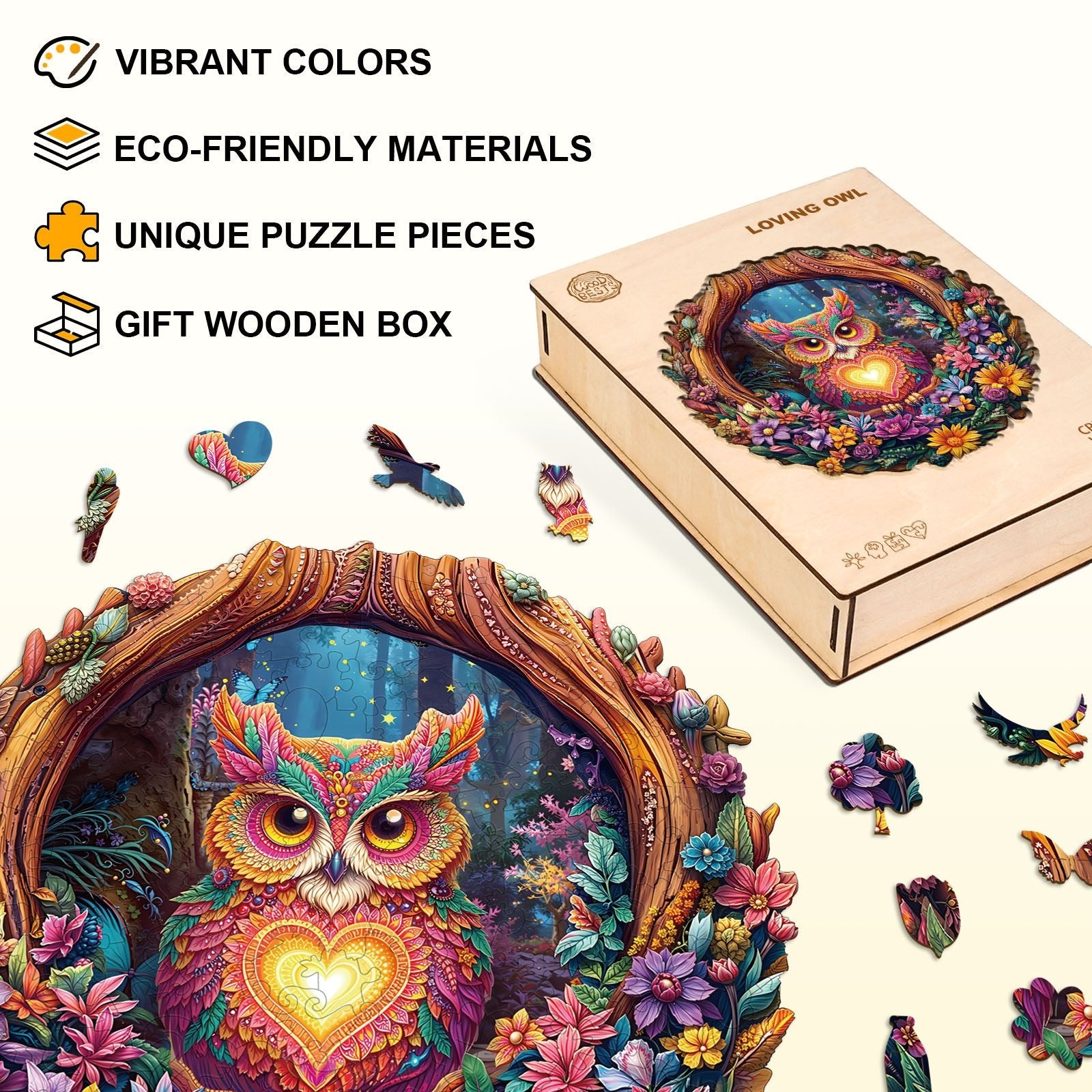 Whimsical Wooden Jigsaw Puzzle - Loving Owl - pickApuzzle