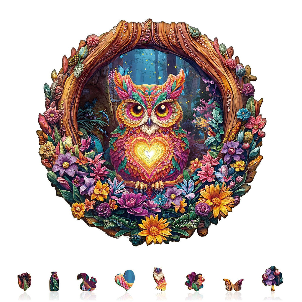 Whimsical Wooden Jigsaw Puzzle - Loving Owl - pickApuzzle