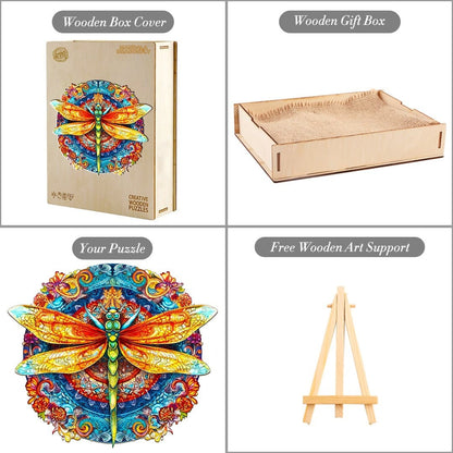 Whimsical Wooden Jigsaw Puzzle-MANDALA DRAGONFLY