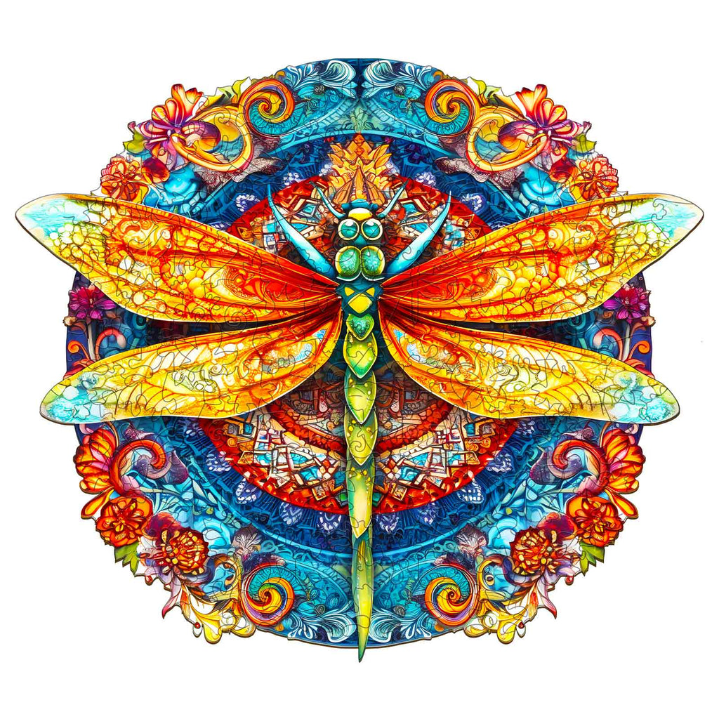 Whimsical Wooden Jigsaw Puzzle-MANDALA DRAGONFLY