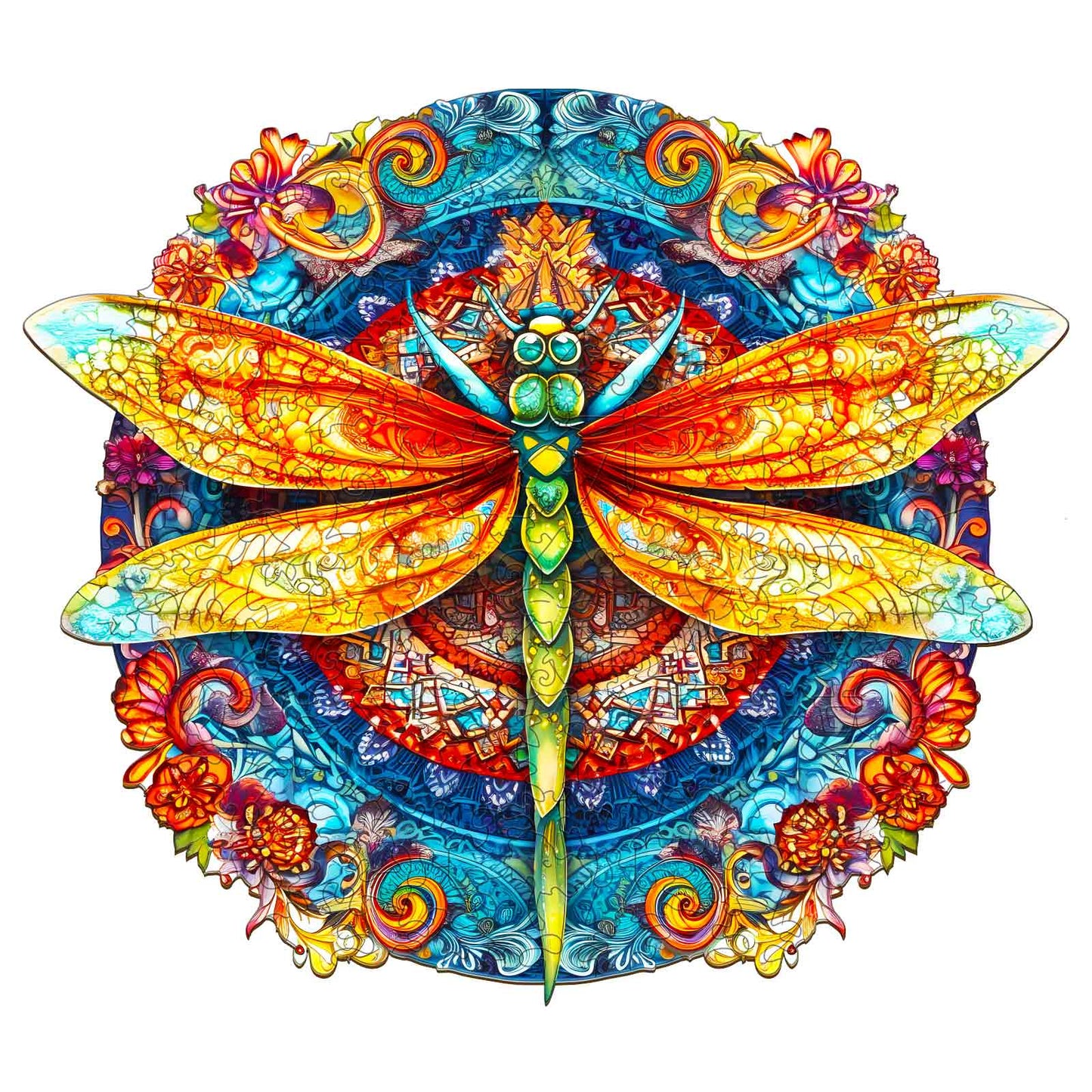 Whimsical Wooden Jigsaw Puzzle-MANDALA DRAGONFLY