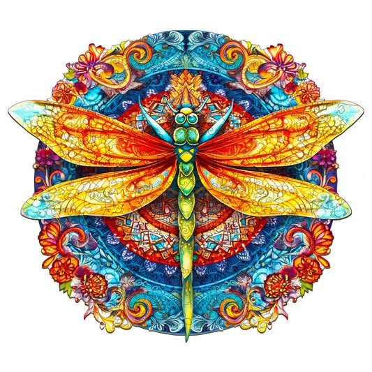 Whimsical Wooden Jigsaw Puzzle-MANDALA DRAGONFLY