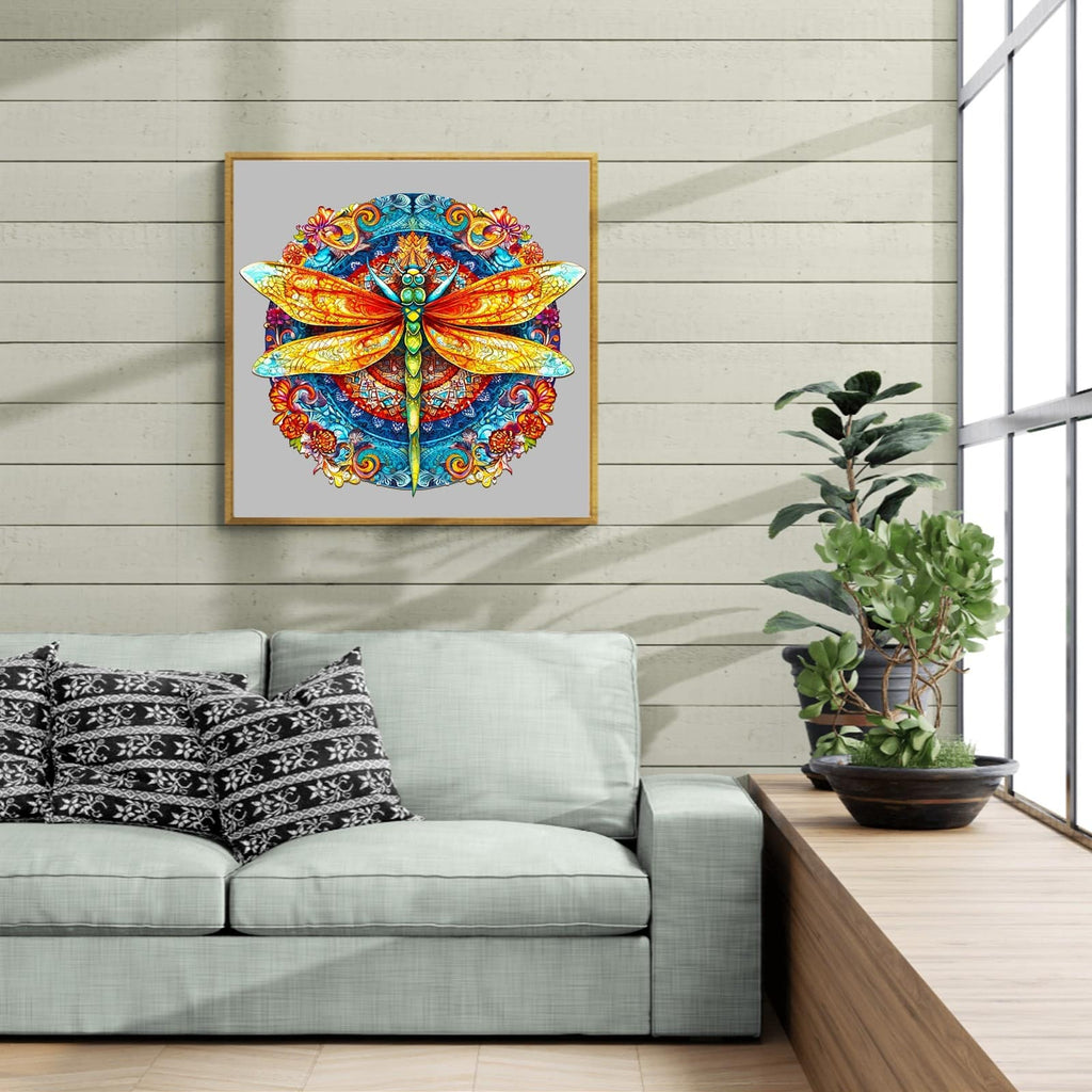 Whimsical Wooden Jigsaw Puzzle-MANDALA DRAGONFLY