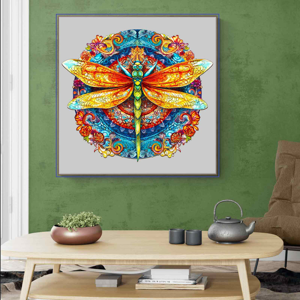 Whimsical Wooden Jigsaw Puzzle-MANDALA DRAGONFLY