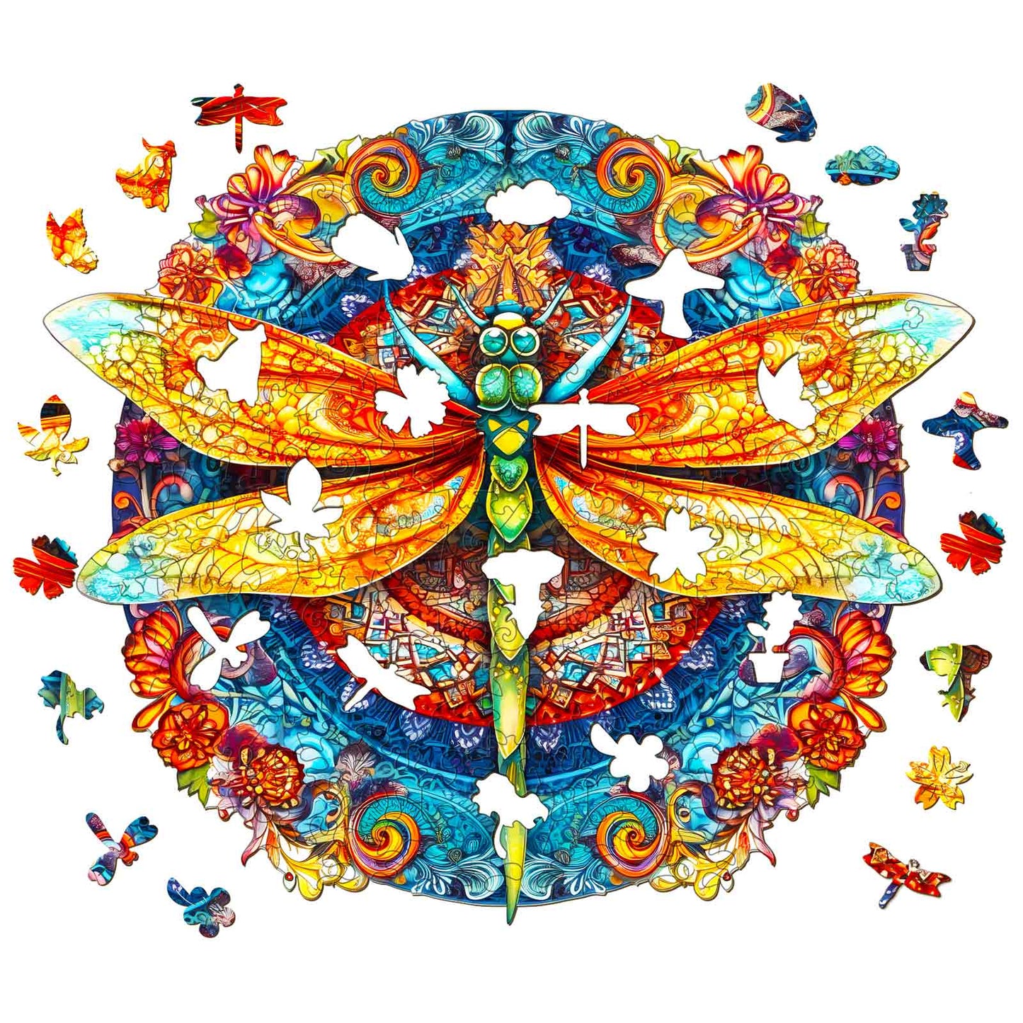 Whimsical Wooden Jigsaw Puzzle-MANDALA DRAGONFLY