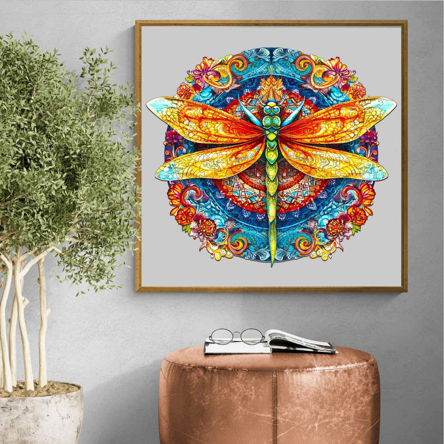 Whimsical Wooden Jigsaw Puzzle-MANDALA DRAGONFLY