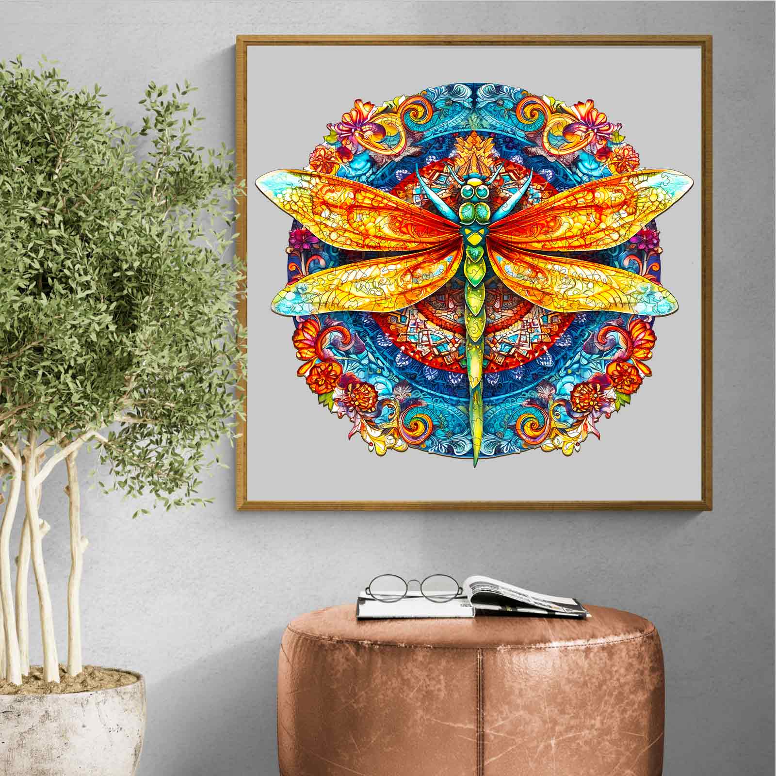 Whimsical Wooden Jigsaw Puzzle-MANDALA DRAGONFLY