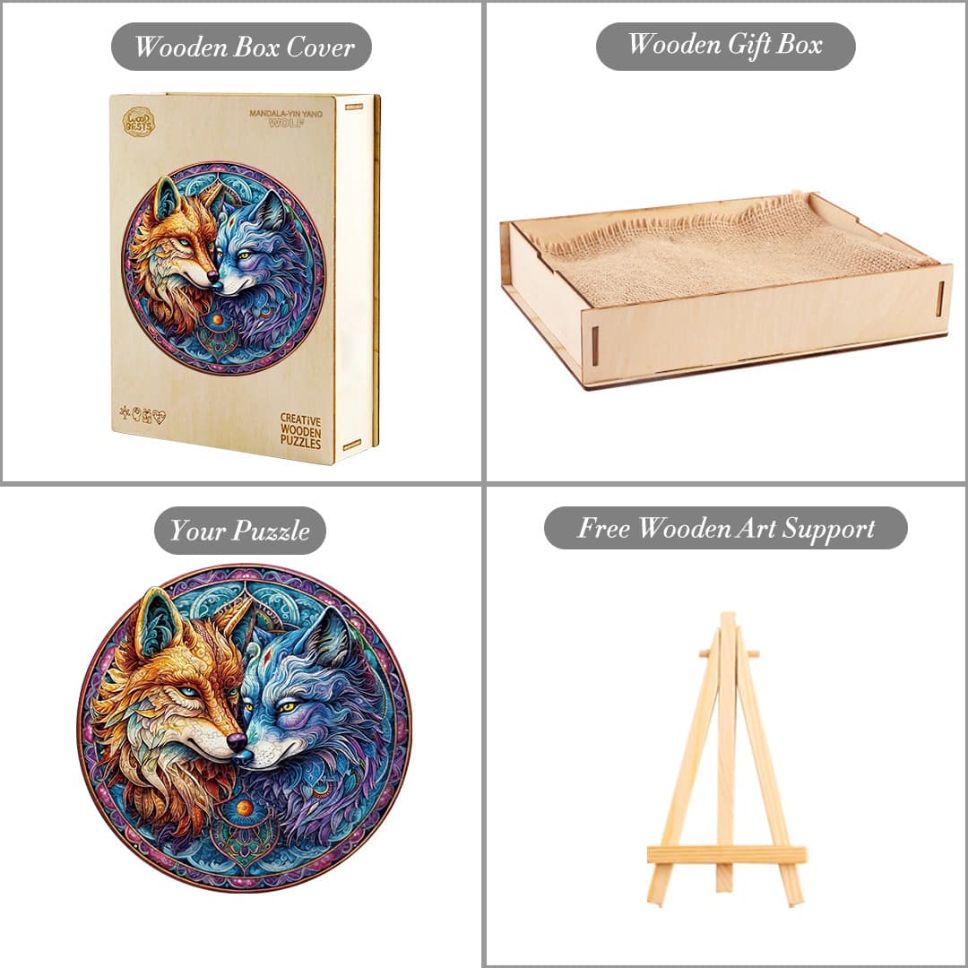 Whimsical Wooden Jigsaw Puzzle-MANDALA YIN YANG WOLF 2