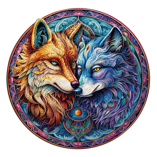Whimsical Wooden Jigsaw Puzzle-MANDALA YIN YANG WOLF 2