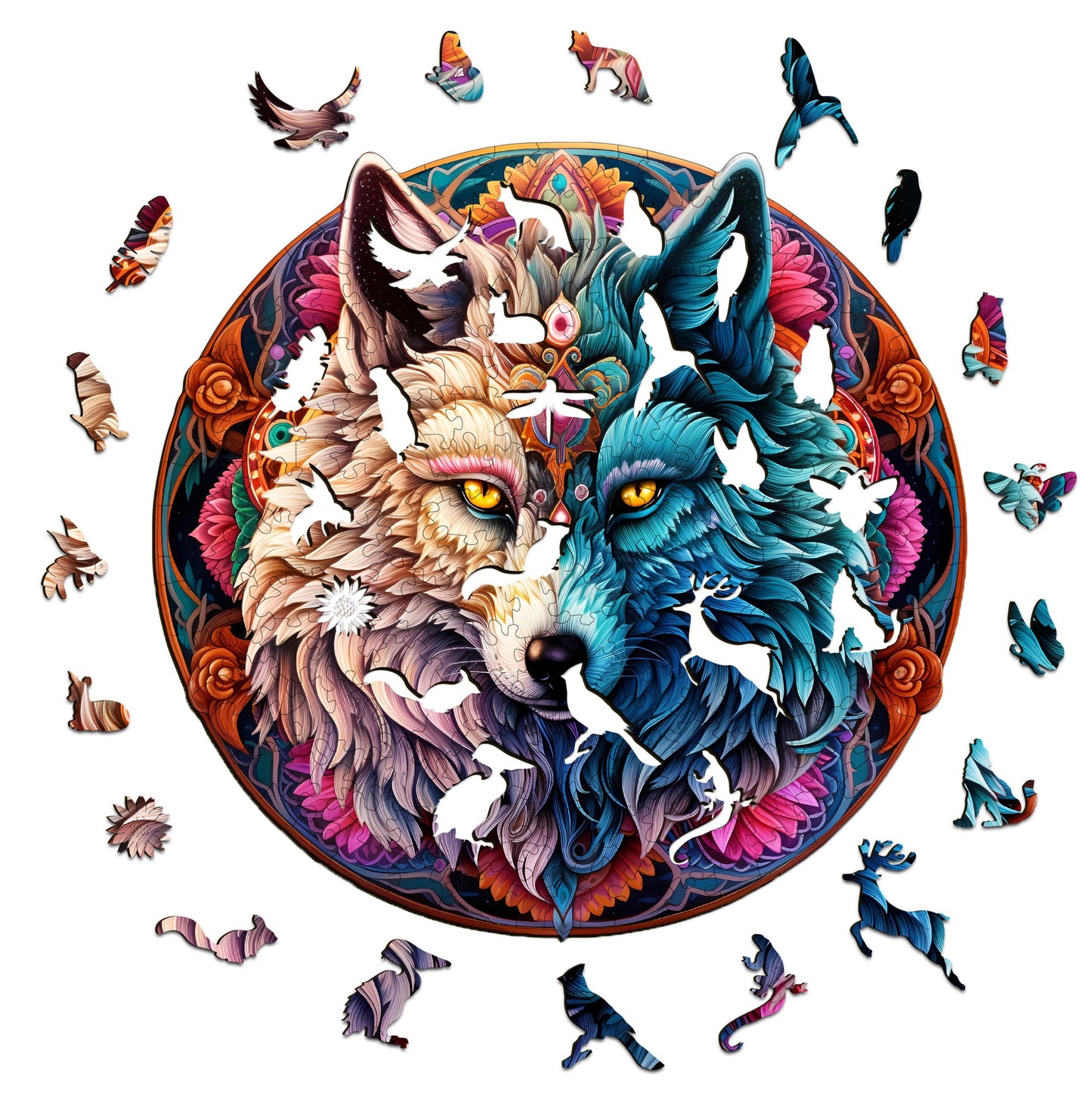 Verspieltes Holzpuzzle-MANDALA YIN YANG WOLF