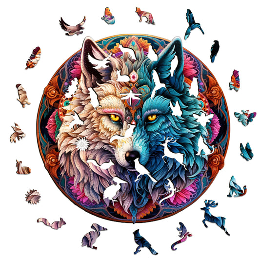 Whimsical Wooden Jigsaw Puzzle-MANDALA YIN YANG WOLF