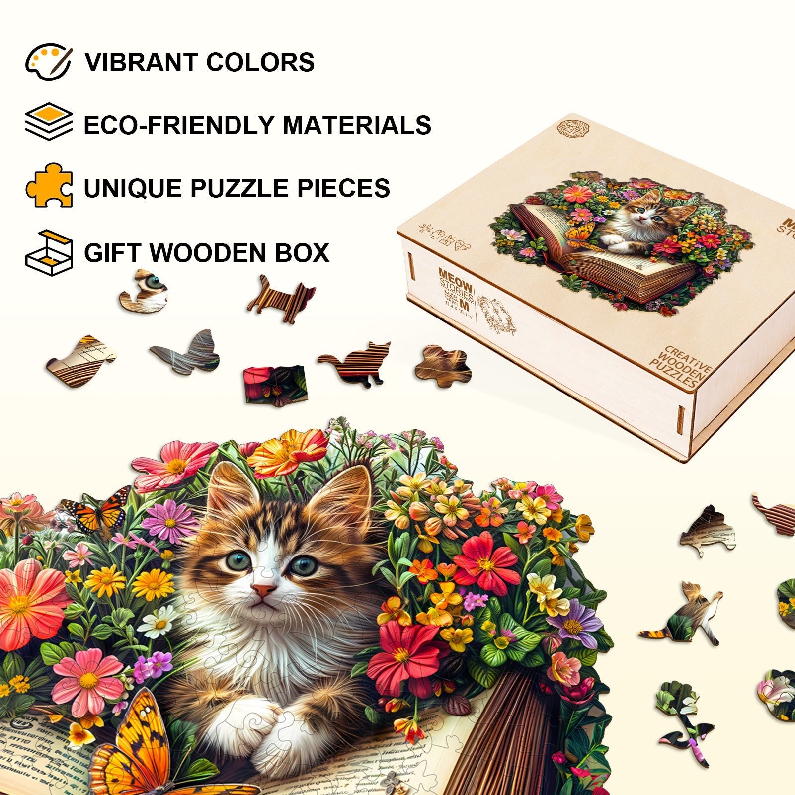 Whimsical Wooden Jigsaw Puzzle - Meow Stories - pickApuzzle