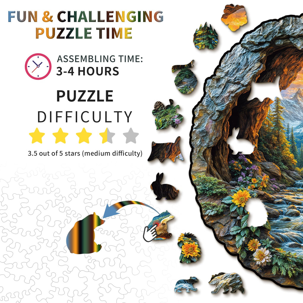 Whimsical Wooden Jigsaw Puzzle - Mountain Bears Retreat - pickApuzzle