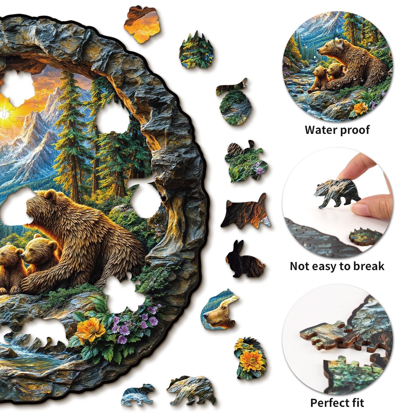 Whimsical Wooden Jigsaw Puzzle - Mountain Bears Retreat - pickApuzzle