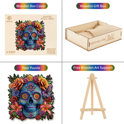 Ausgefallenes Holz-Puzzle – Totenkopf bemalt